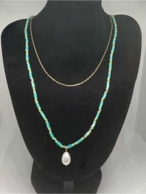 Plunder Two Layer Gold Chain & Turquoise Beaded Necklace with Tear Pearl Pendant